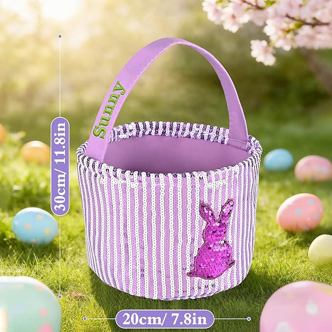 Personalized Easter Basket for Kids, Boys & Girls – Ideal for Egg Hunting & Easter Gift Storage (Purple Sequin Bunny Basket)