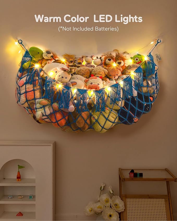 Stuffed Animal Hammock Net with Lights - Big Toy Net Hammock for Organizing Teddy Bear and Stuffy Storage, Xlarge Plushie Net for Kids Bedrooms Playroom Nursery(Blue XL)
