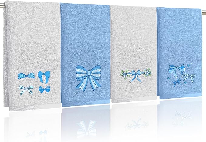 4 Pcs Bow Hand Towels Blue Hand Towels for Bathroom 29" x 13.3" Cute Bath Towel Bow Embroidered Decorative Towel Set Cotton Bowknot Bathroom Accessories Blue Kitchen Decor Bridal Shower Wedding Gift