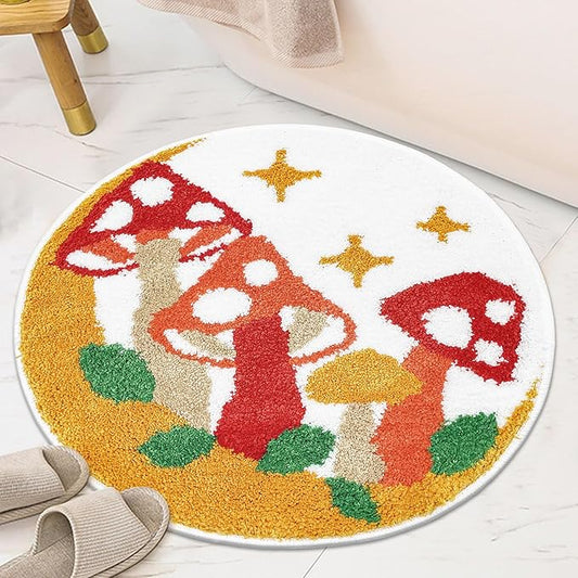 Hexagram Mushroom Rug, Cottagecore Mushroom Decor for Home Gifts, Colorful Round Small Cute Bathroom Rug 22.4×22.4 Inch, Non Slip Washable Soft Fun Bath Mat for Bathtub, Shower Room, Bedroom, Door