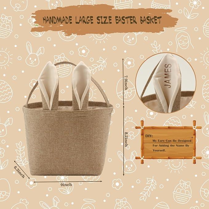 Easter Bunny Basket for Kids,Cute Easter Bucket Bags with Rabbit Ears for Easter Eggs Hunting,Easter Decorations,Candy Gifts Storage (Linen)