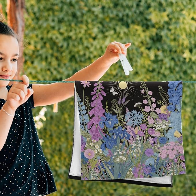 2 Pcs Purple Blue Wildflower Hand Towels for Bathroom,Soft Absorbent Vintage Garden Floral Butterfly Black Dish Towels for Kitchen,Quick Dry Decorative Bathroom Towels for Face,Shower 14"x28"