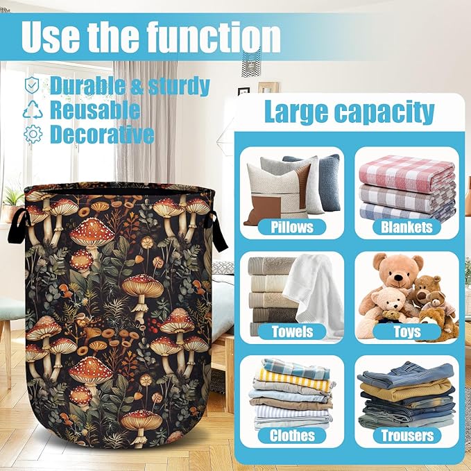 Mushroom Weed Laundry Basket, Laundry Hamper Collapsible Oxford Cloth with Handle Clothes Toy Storage Bin for Bathroom Laundry Room Bedroom 15.7 X 20 Inch