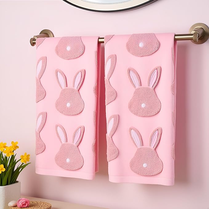 2pcs Easter Bunny Hand Towels Set 100% Cotton Soft Absorbent Spring Bathroom Hand Towels 14x29 Inch Cute Jacquard Easter Kitchen Decor Towels Holiday Kitchen Bathroom Decor Gift(Pink)