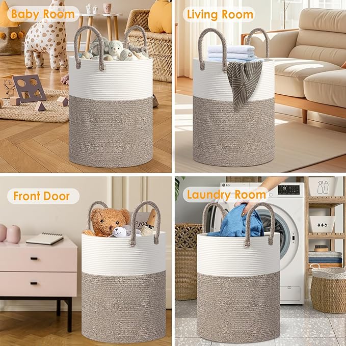 Large Woven Laundry Basket Hamper, 60L Cotton Rope Storage Basket for Blankets in Living Room, Decorative Tall Nursery Hamper for Clothes and Toys, White and Brown