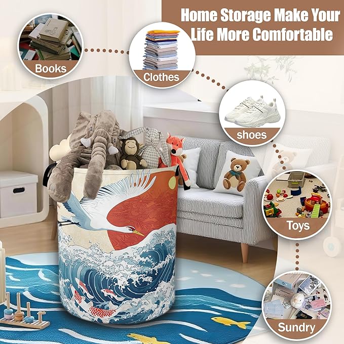 White Crane Laundry Baskets,Red Sun Japanese Wave Laundry Hamper,Storage Basket with Handles for Bathroom Bedroom College Dormitory Living Room Nursery Organizer 16"x20.8"