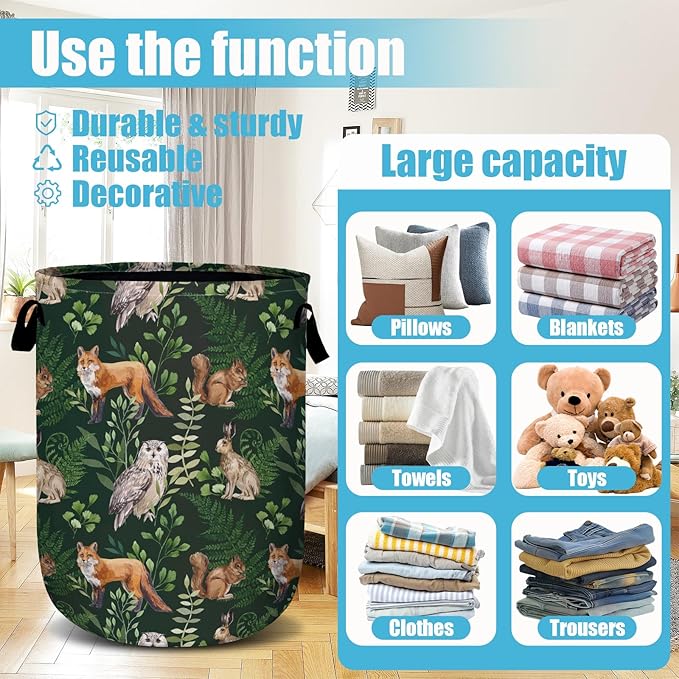 Watercolor Fox Hare Owl Squirrel Laundry Basket, Forest Animals Plants Laundry Hamper Collapsible Oxford Cloth with Handle Clothes Toy Storage Bin for Bathroom Laundry Room Bedroom 15.7 X 20 Inch