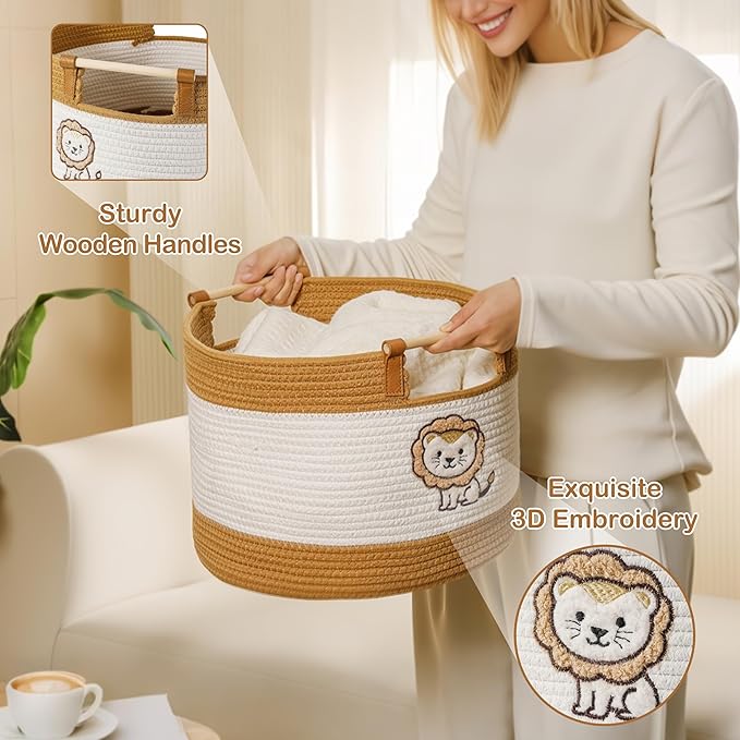 Large Blanket Basket 35L Cotton Rope Basket with Wooden Handles Woven Baskets for Kids Babies and Toddlers Stuffed Toys Storage for Nursery, Laundry Hamper Baby Hamper Boys Gift Baskets Empty