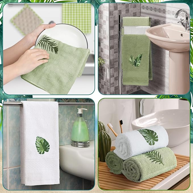 3 Pcs Tropical Palm Leaves Hand Towels for Bathroom Decor Summer Monstera Leaves Embroidered Absorbent Soft Cotton Towels 13.78 x 29.53 Inch Farmhouse Green Decorative for Kitchen Home