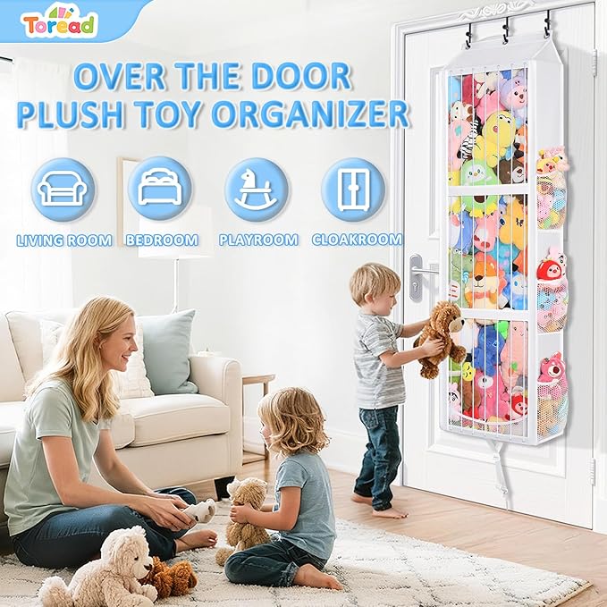 Toread Over the Door Stuffed Animal Storage – Elastic Rope Easy Access 70+ Soft Toy & Adjustable No-Damage Hooks Plushy Organizers Suitable for Kids Room Toy Holder Bedroom Hanging Stuffie Storage.
