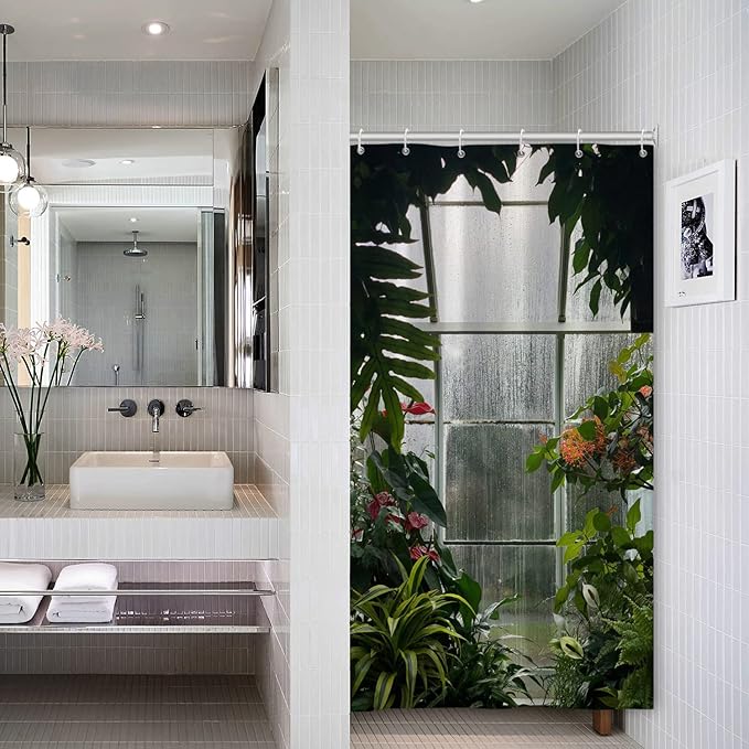 Greenhouse Flower Room Shower Curtains Spring Glass Flowers Green Plants Interior Garden Scenic Machine Washable Fabric Bathroom Curtains Set with Hooks, 36x72 Inch, 72.00" x 36.00"