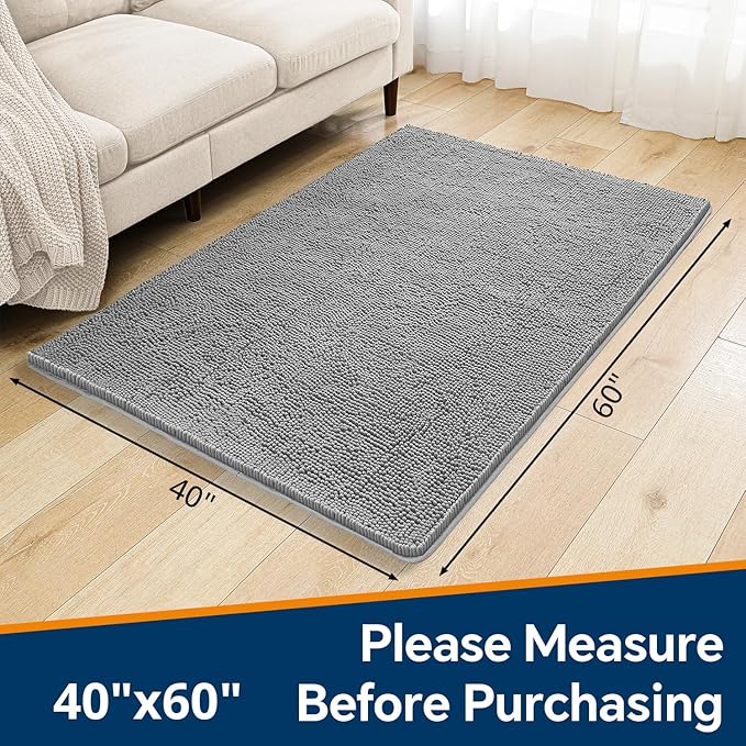 Gray Bathroom Rugs 40"x60" - Large Plush Chenille Non-Slip Runner Bath Mat - Absorbent, Washable, Soft Decor for Shower, Sink, Tub, Floor, Home Accessories