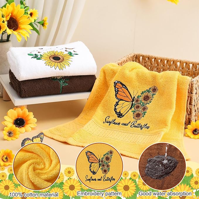 3 Pcs Sunflower Butterfly Hand Towels for Bathroom Yellow Spring Summer Soft Cotton Embroidered Absorbent Decorative Towels for Farmhouse Kitchen Decor, 13.78 x 29.53 Inch