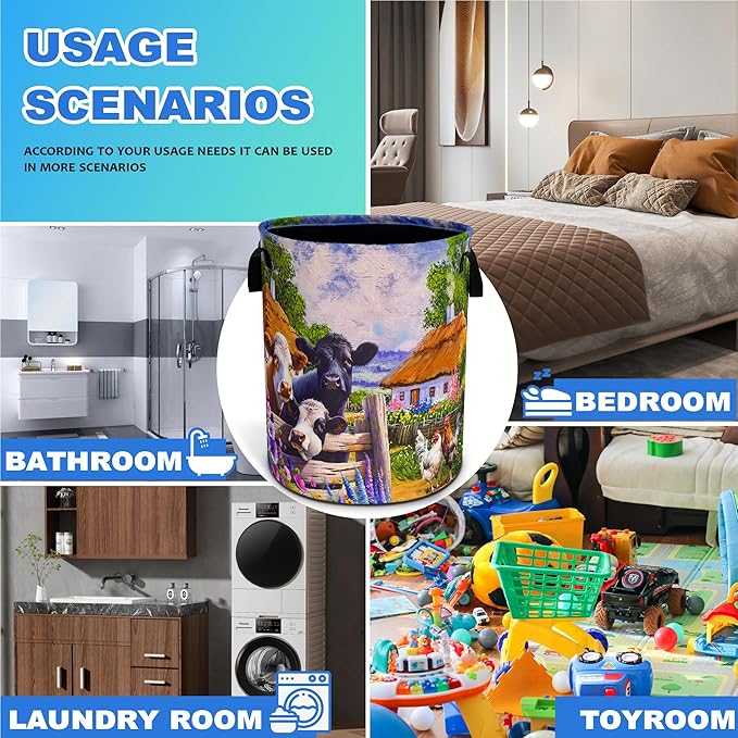 Farm Cow Chicken Laundry Basket Oxford Cloth Beautiful Laundry Hamper With Handle Foldable Portable Clothes Storage Basket 18.9 X 16.5 In Storage Bag For Laundry Room/Bathroom/Bedroom/Dormitories