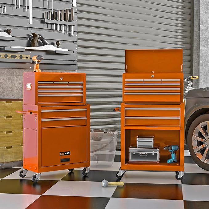 Rolling Tool Chest with Wheels Metal Tool Box on Wheels with 8 Drawers, Lockable Heavy Duty Toolbox Drawer Organizer Rolling Too Cart for Repair Shop, Garage, Orange