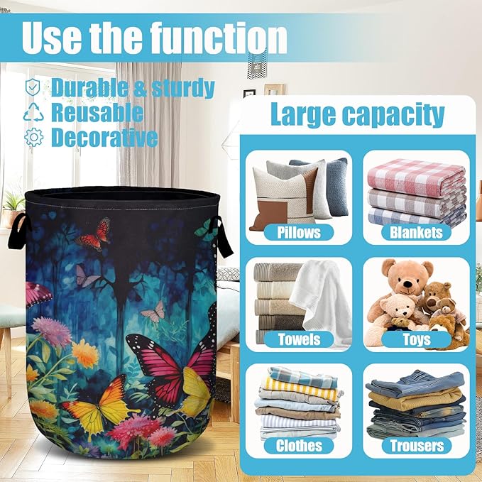 Spring Flower Butterfly Laundry Basket, Laundry Hamper Collapsible Oxford Cloth with Handle Clothes Toy Storage Bin for Bathroom Laundry Room Bedroom 15.7 X 20 Inch