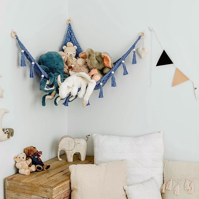 Macrame Toy Hammock for Stuffed Animals - Toy Hammock Net for Stuffed Animals Corner, Blue Nursery Decor, Plush Hammock, Hanging Stuffed Animal Organizer, Deep Sea Blue