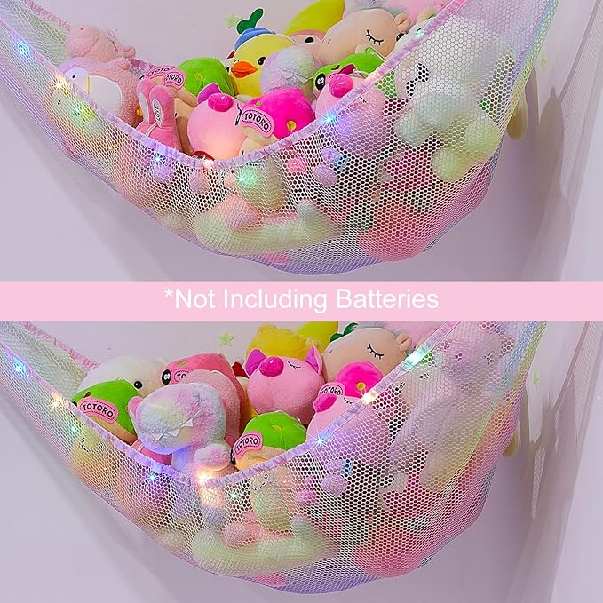 Basumee Stuffed Animals Net or Hammock with LED Light Hanging Toy Net Hammock for Stuffed Animals Storage Stuff Animals Hammocks for Nursery Room with Remote Control, 8 Kinds of Lights(Pack of 2)