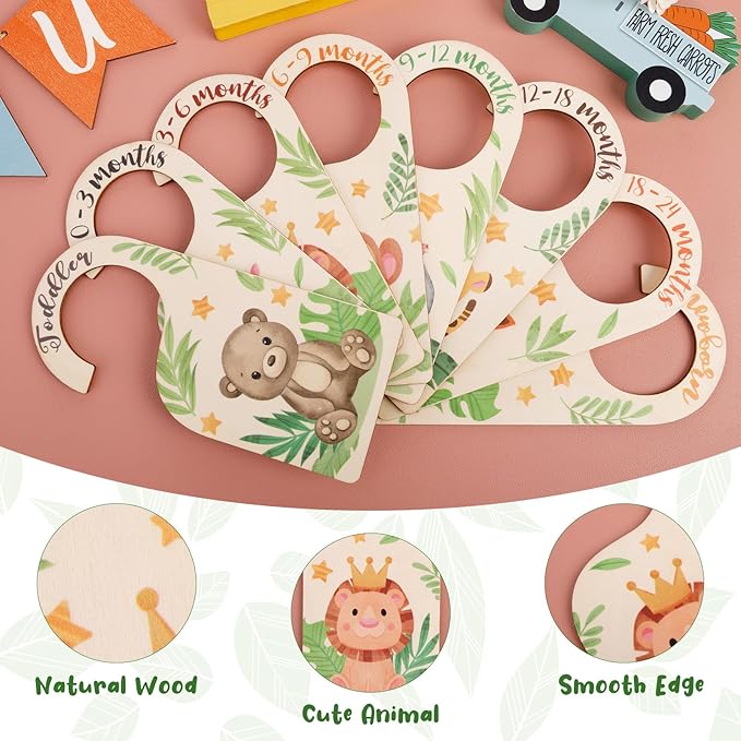 Auidy_6TXD 8Pcs Baby Closet Dividers Double Sided Wooden Baby Closet Organizers from Newborn to 24 Months Baby Clothes Hanger Dividers for Baby Girls Boys Nursery Decor