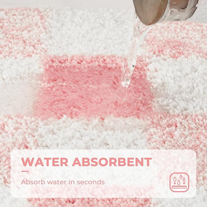 GRANNY SAYS Checkered Pink Bathroom Rugs Decor, 48" x 24", Fluffy Rug, Absorbent Microfiber Ultra Soft Bath Mat Washable, Non-Slip Bath Mats for Bathroom, Cute Floor Mat for Tub, Shower, Bedroom