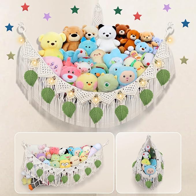 Stuffed Animal Storage Hammock Corner w/LED Star Light, 56'' Jumbo Boho Tassel Leaf Hanging Stuffed Animal Net Holder, Cream Toy Hammock Plushie Net for Kid Girls Boys Gift Nursery Decor
