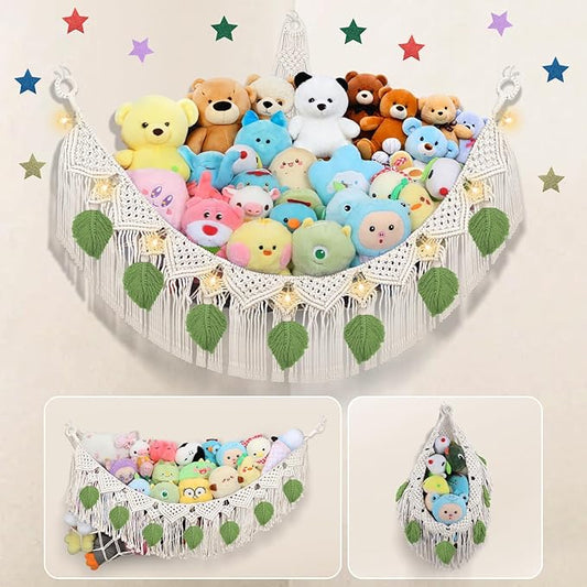 Stuffed Animal Storage Hammock Corner w/LED Star Light, 56'' Jumbo Boho Tassel Leaf Hanging Stuffed Animal Net Holder, Cream Toy Hammock Plushie Net for Kid Girls Boys Gift Nursery Decor