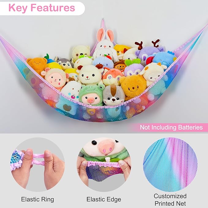 Basumee Stuffed Animals Net or Hammock with LED Light Hanging Toy Net Hammock for Stuffed Animals Storage Stuff Animals Hammocks for Nursery Room with Remote Control, 8 Kinds of Lights(Pack of 1)