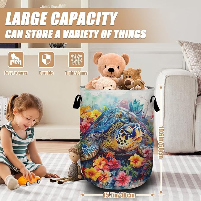 Sea Turtle Laundry Basket, Foldable Colorful Floral Laundry Hamper Tote Bag Dirty Clothes Storage Bucket Toy Organizer for Bathroom/Laundry/Bedroom 15.7"x19.6"