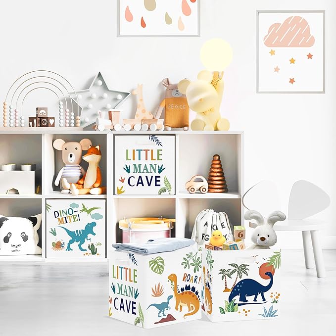 Clastyle 3 pcs Dinosaur Cube Storage Unit Boxes Volcano Kallax Box for Shelves Parents Storage Baskets for Book Clothes Toy Organizer, Palms, 11.8x11.8x11.8 in