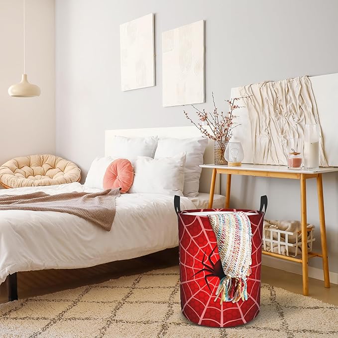 Laundry Basket, Dirty Clothes Basket, Foldable Waterproof Oxford Cloth Storage Basket for Bedroom, Bathroom, Clothes,Large Storage Basket Home Decoration(Red Spider Web)