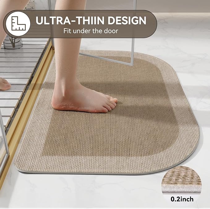 Half Circle Bath Mat, Non Slip Bath Mat, Thin Bathroom Rugs Fit Under Door Quick Dry Absorbent Washable Bathroom Mat with Rubber Backing, Brown Beige 16x24
