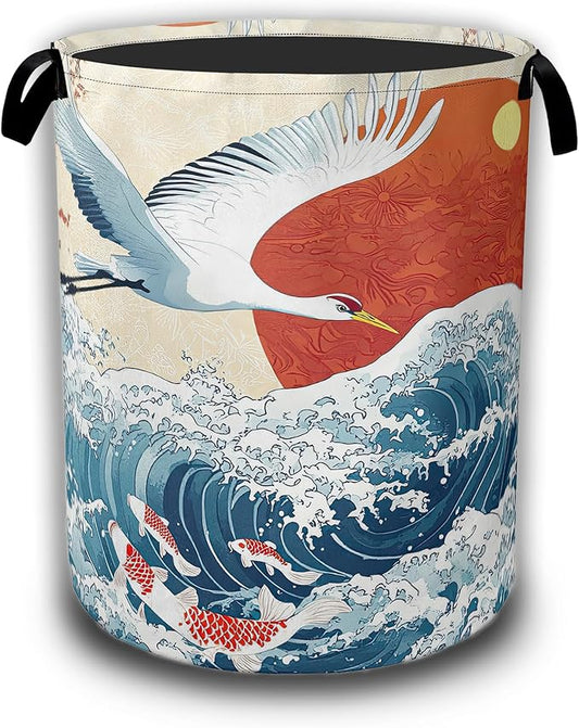 White Crane Laundry Baskets,Red Sun Japanese Wave Laundry Hamper,Storage Basket with Handles for Bathroom Bedroom College Dormitory Living Room Nursery Organizer 16"x20.8"
