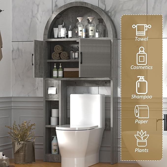 Over The Toilet Storage Cabinet, Bathroom Organizer Over Toilet, Arched Storage Organizer Cabinet with Anti-Tip Device and Adjustable Shelf for Washroom Laundry and Restroom, Grey