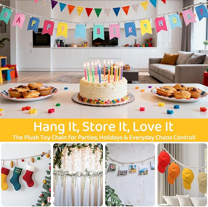 2PCS Hanging Stuffed Animals Storage Chain - Stuffed Animal Chain Organizer with 40 Metal Clips,80 Inch Display Holder Chain for Wall or Corner Decor,Hanging Hats,Socks,Holiday Cards