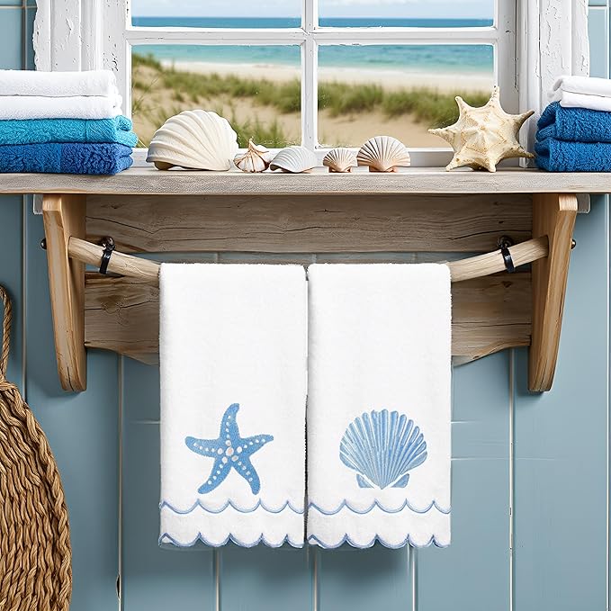 2Pcs Coastal Scalloped Hand Towels Light Blue Scallop Embroidered Dish Towel 100% Cotton Cute Decorative Ocean Bath Hand Towel for Kitchen Bathroom(Coastal Blue)