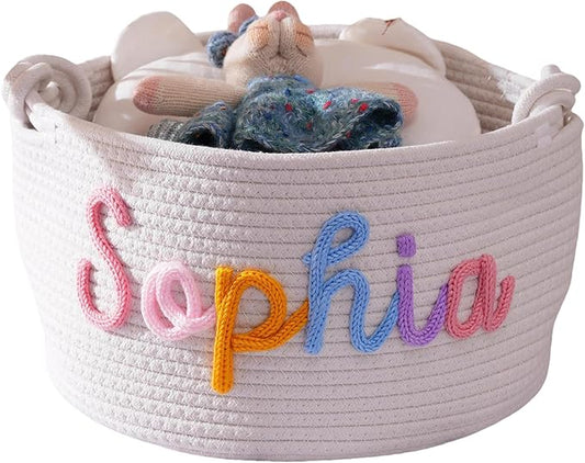 JUPPE Custom Baby Shower Basket, Personzlized Basket with Baby Name, Baby Boy Girl Storage Organizer Cotton Rope Nursery Decor Newborn Gift (style 1) (Mixing Colors)