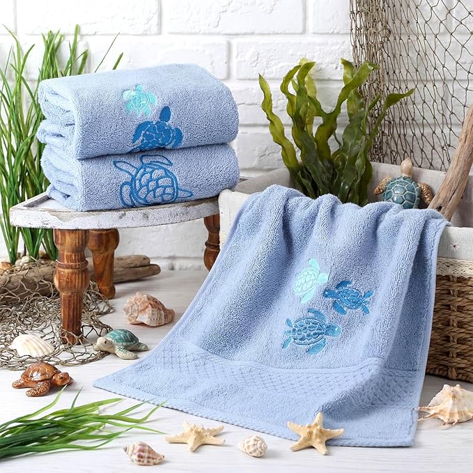 3 Pack Sea Turtle Coastal Hand Towels for Bathroom 100% Cotton Embroidered Beach Bathroom Towels 13.78 x 29.53 Inch Soft Absorbent Ocean Turtle Bath Towel Gift for Holiday Summer, Blue