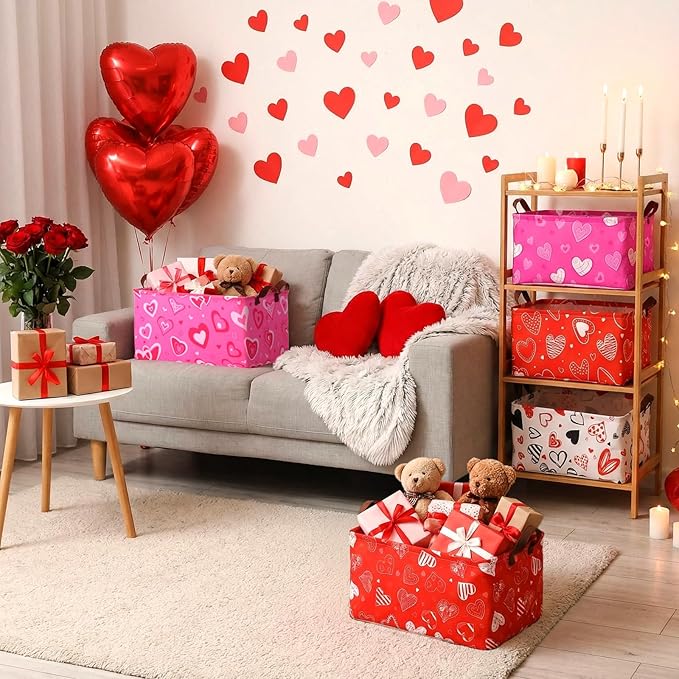 6 Pack Valentine's Day Storage Baskets Waterproof Canvas with Leather Handles Collapsible Storage Bins Cube Baskets for Closet Clothes Room Decor Gift Basket (Heart)