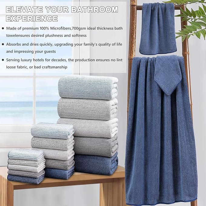 8-Piece Premium Towel Set for Bathroom|2 Oversized Large Bath Sheet,2 Hand Towels,4 Washcloths|Soft Cozy Highly Absorbent Fast Dry Microfiber Shower Towel Set for Hotel Bathroom Essentials,Navy Blue