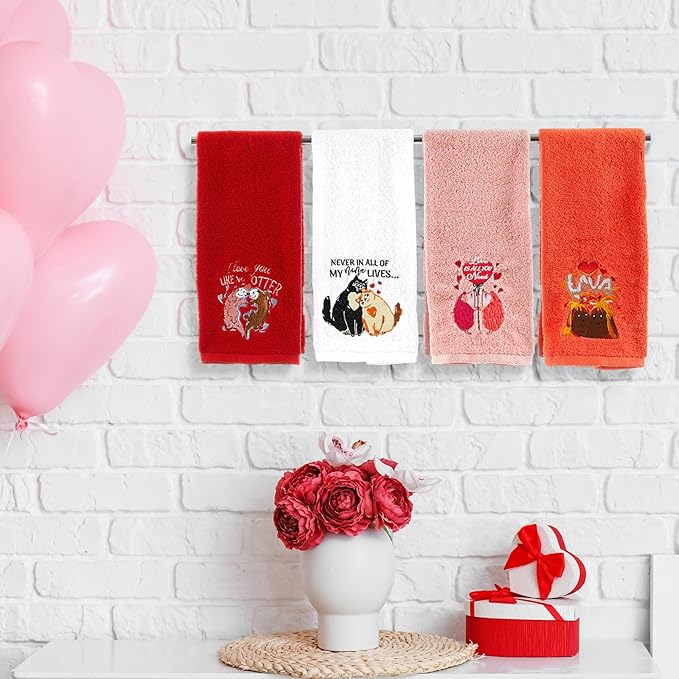 4 Pcs Valentine's Hand Towels Set for Bathroom Kitchen Valentine's Couple Gift 29" x 13" Romantic Funny Animal Embroidered Bath Towel Absorbent Cleaning Cooking for Anniversary Wedding