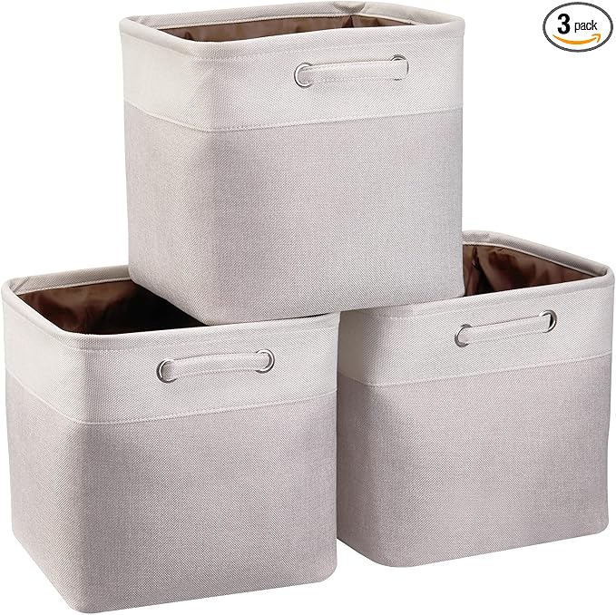 3 Pack 13x13x13 Storage Cube Bins with Handles, Beige Fabric Storage Baskets Heavy Duty Foldable - Cloth Organizer Bins for Closet, Shelf, Office (13 Inch Cube Storage Bins)