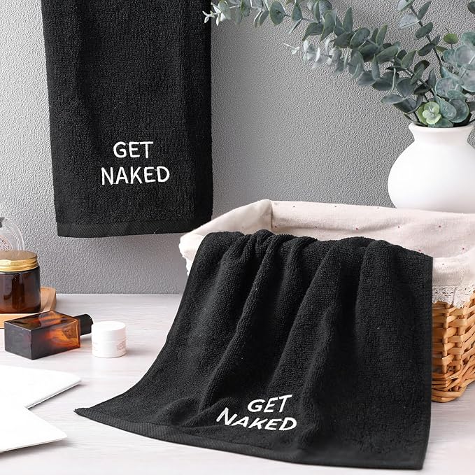 2 Pcs Get Naked Hand Towels 100% Cotton Embroidered Bathroom Towel Modern Decorative Housewarming Gifts, Funny Bathroom Decor 29 x 13 Inch (Black)