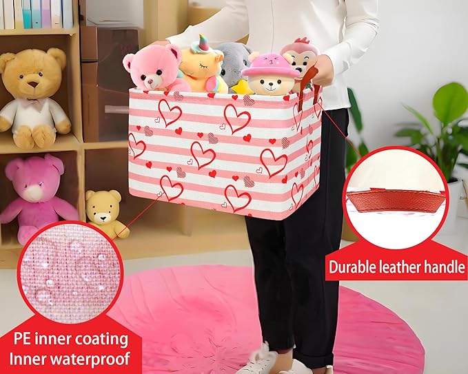 Large Valentine's Day Basket Heart Shaped Storage Bin for Gifts Collapsible Organizer Room Decor (Pink Horizontal Bar Love)