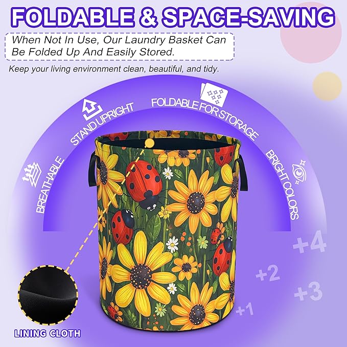 Ladybug Sunflower Laundry Basket Cartoon Oxford Cloth Laundry Hamper Funny With Handle Foldable Portable Clothes Storage Basket 18.9 X 16.5 In Storage Bag For Laundry Room/Bathroom/Bedroom/Dormitories