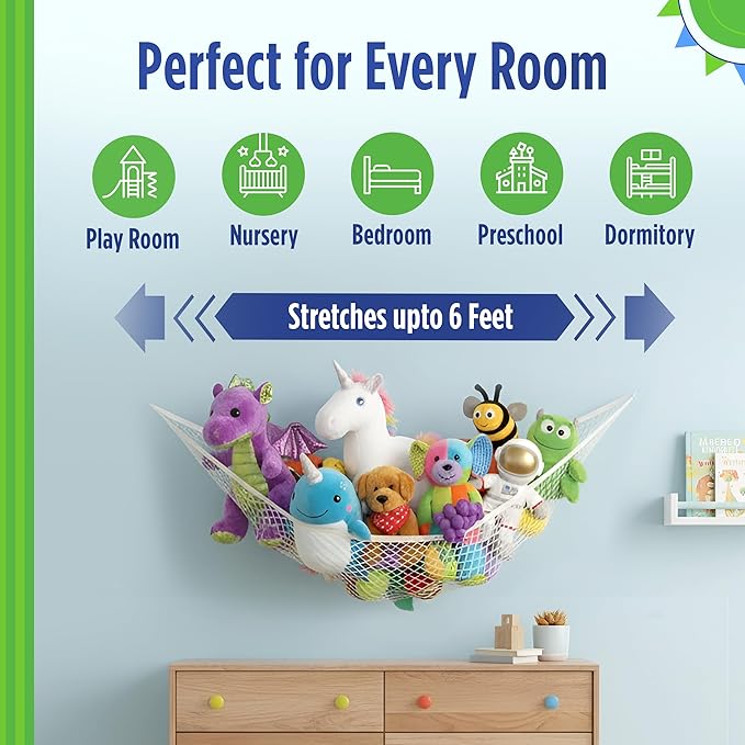 Baby Buddy Stuffed Animal Hammock Storage Net - Corner Space-Saving Toy Organizer for Nursery and Kids Bedroom Organization, Holds 25 Pounds, Easy Wall Mount, White