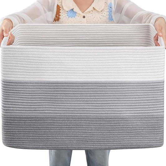OIAHOMY 108L Large Cotton Rope Basket, Rectangle Woven Baskets for Storage, Nursery Blanket Storage Living Room, Toy Basket With Handle-25”x16”x16”-Gradient Grey