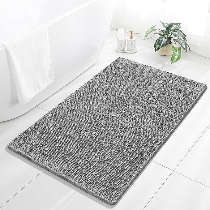 Gray Bathroom Rugs 36"x60" - Large Plush Chenille Non-Slip Runner Bath Mat - Absorbent, Washable, Soft Decor for Shower, Sink, Tub, Floor, Home Accessories