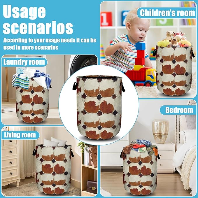 Vintage Brown Cowskin Laundry Basket, Laundry Hamper Collapsible Oxford Cloth with Handle Clothes Toy Storage Bin for Bathroom Laundry Room Bedroom 15.7 X 20 Inch