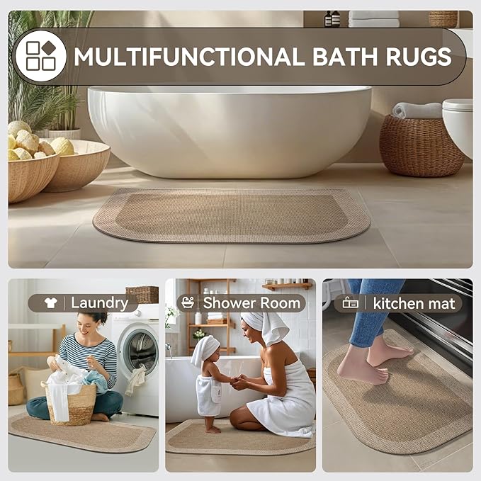 Half Circle Bath Mat, Non Slip Bath Mat, Thin Bathroom Rugs Fit Under Door Quick Dry Absorbent Washable Bathroom Mat with Rubber Backing, Brown Beige 16x24