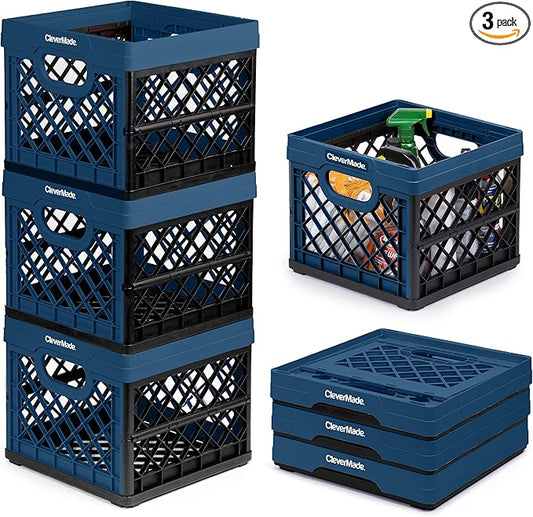 CleverMade Collapsible Milk Crate 25L (6.6 Gal) 3 Pack, 50 lb Heavy Duty Folding Crate – Stackable Storage Crates with File Rails, Plastic Collapsible Crates for Storage - Ocean